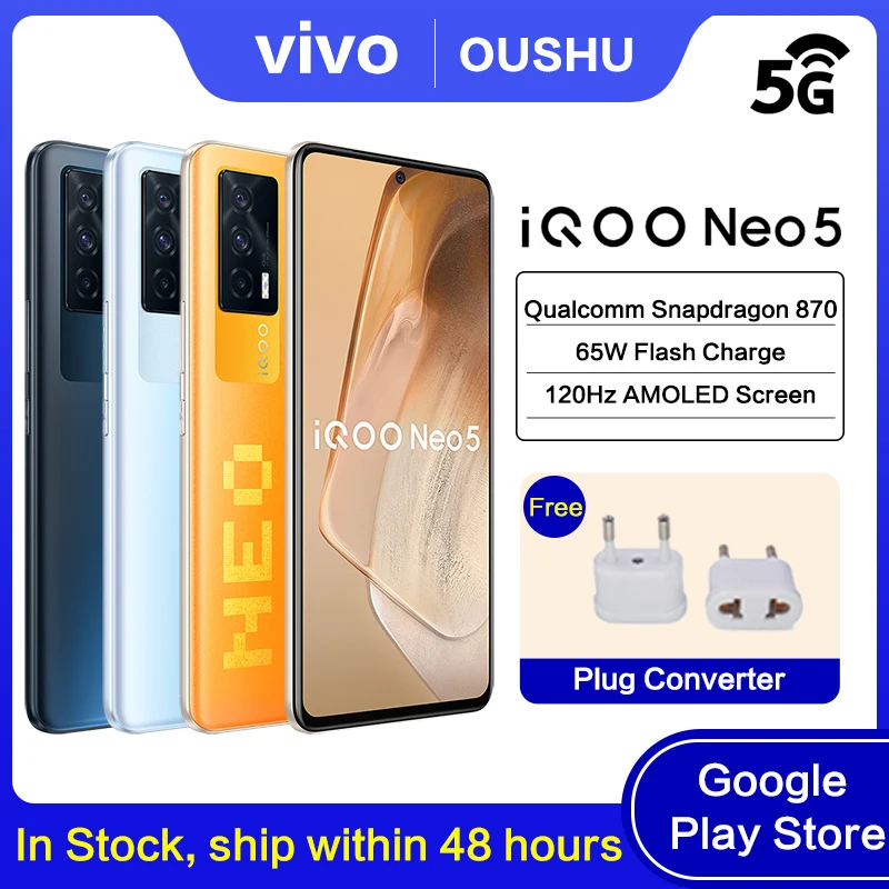 Перейти на Алиэкспресс и купить Оригинальный мобильный телефон vivo IQOO Neo5, процессор Qualcomm Snapdragon 870, 120 Гц, экран OLED, аккумулятор 4400 мАч, 66 Вт, Зарядка телефона