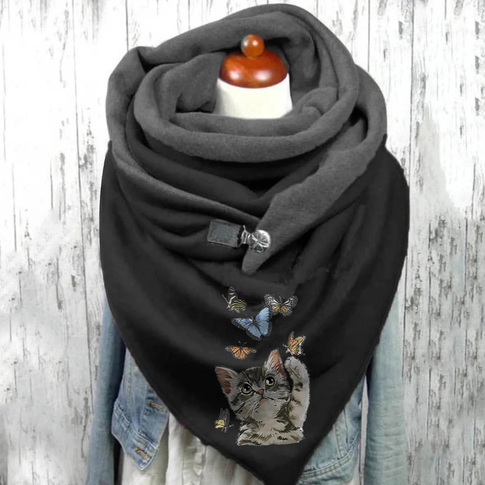 

2021 Fashion Women Animal Cat Printing Scarves Button Soft Wrap Casual Warm Scarves Shawls Foulard Femme Winter Women Scarf