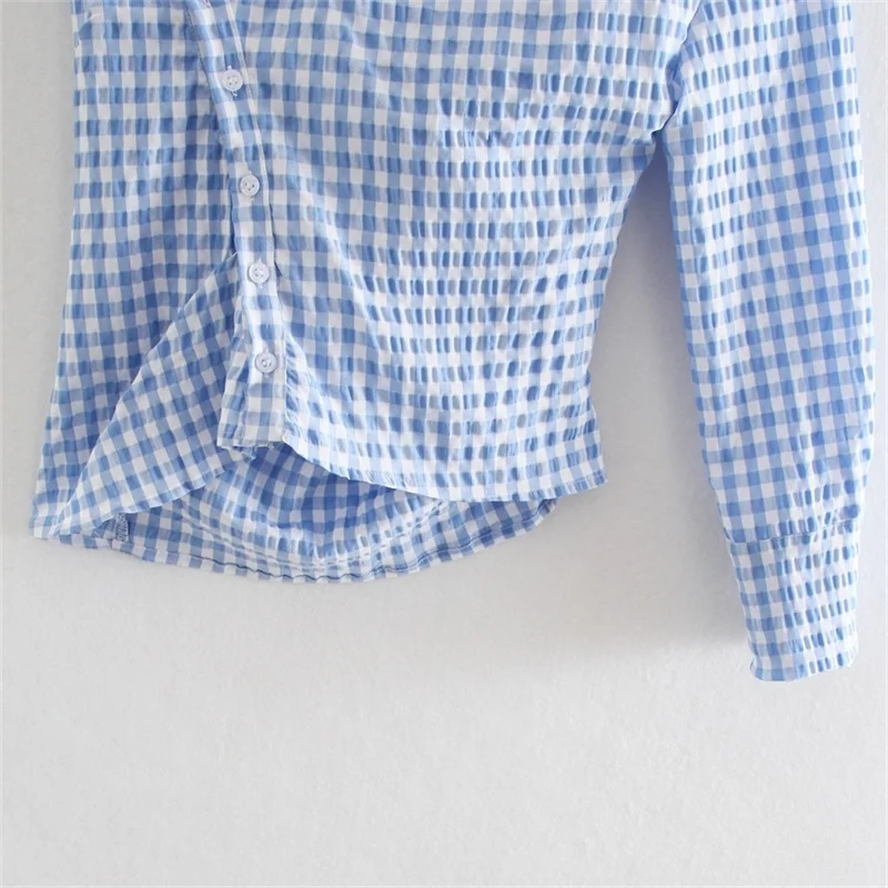 

TRAF Women 2021 Fashion Pleated Asymmetry Check Blouses Vintage One Shoulder Back Button-up Female Shirts Streetwear