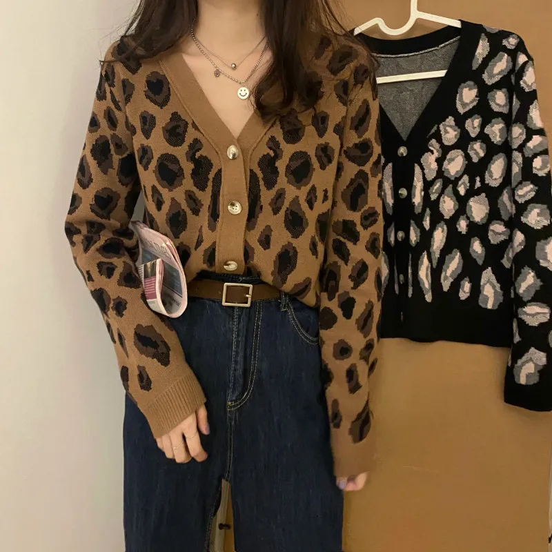 

Leopard Knitted Cardigan Sweater Women Leisure Loose Fit V-Neck Long Sleeve Women New Vogue Tide Autumn Winter Fad Cardigans