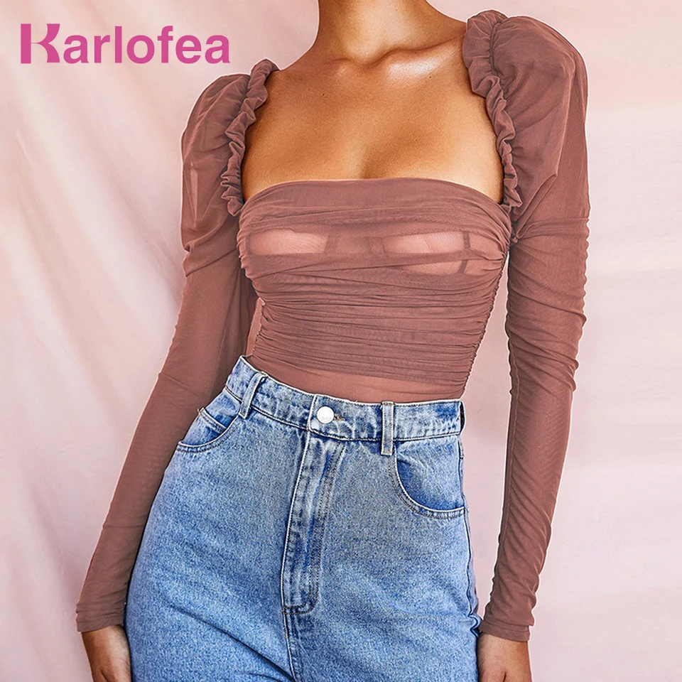 Karlofea женское элегантное Двухслойное Сетчатое боди с рюшами Топ Футболки длинным