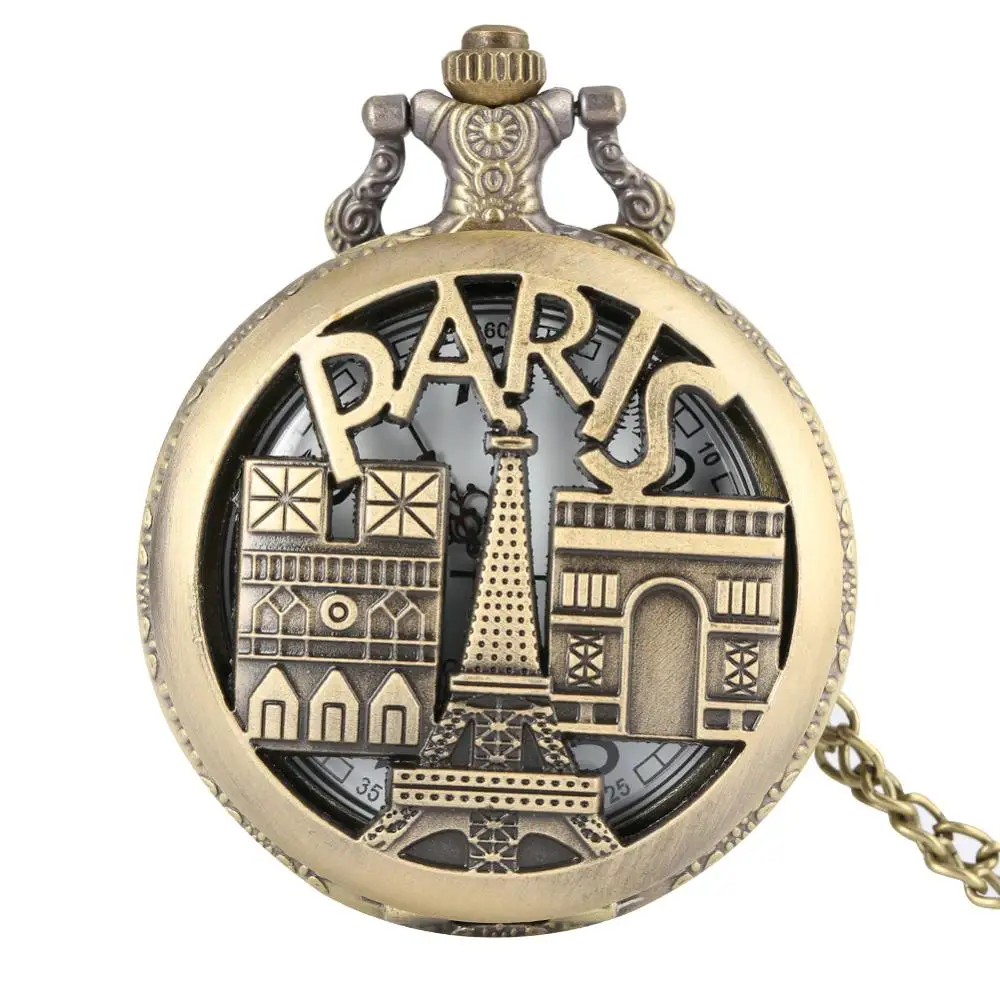 YISUYA Vintage Bronze Paris Quartz Pocket Watch Men Women Necklace Chain Clock Steampunk France Eiffel Tower | Наручные часы