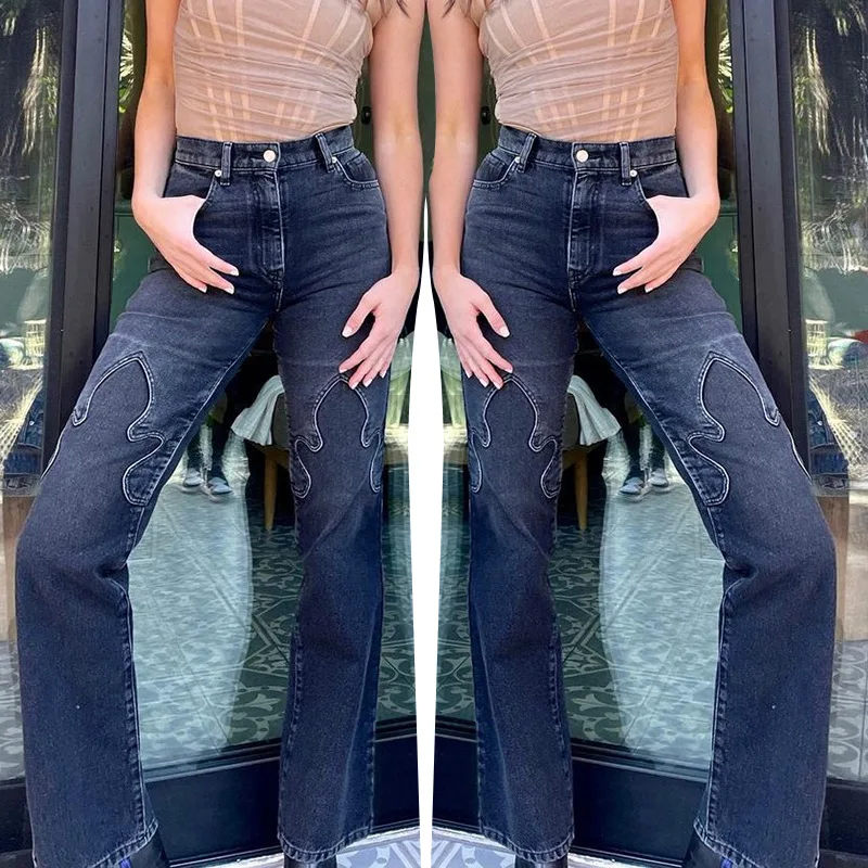 

Grunge Skater Style Boyfriend Jeans Flame Patchwork High Waist Women Pants Indie Fashion Y2K Denim Jeans Harajuku