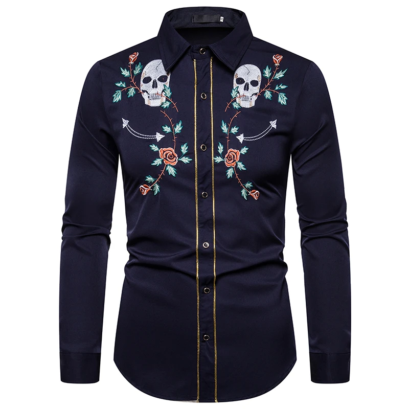 MJartoria новые мужские западные череп ковбоя цветок вышивка рубашка Slim Fit