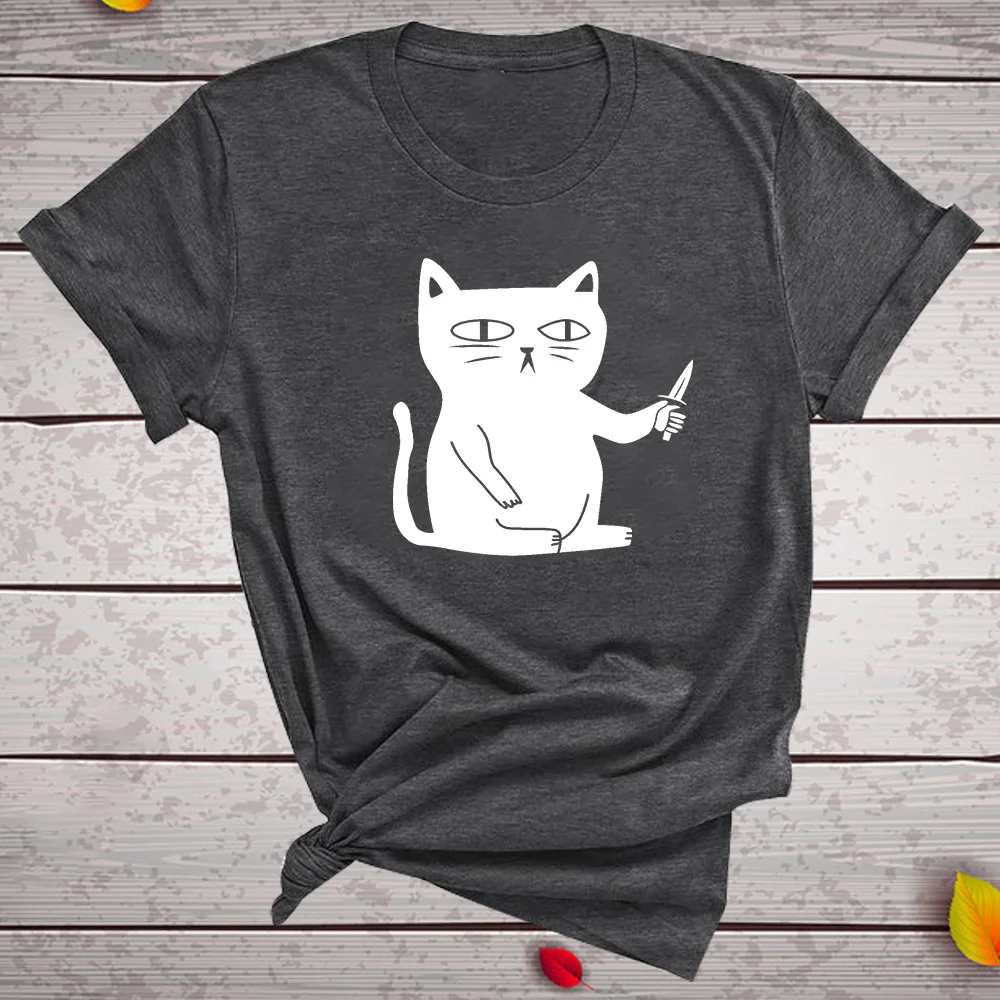 Женские футболки с рисунком кошки и ножа повседневные унисекс круглым вырезом