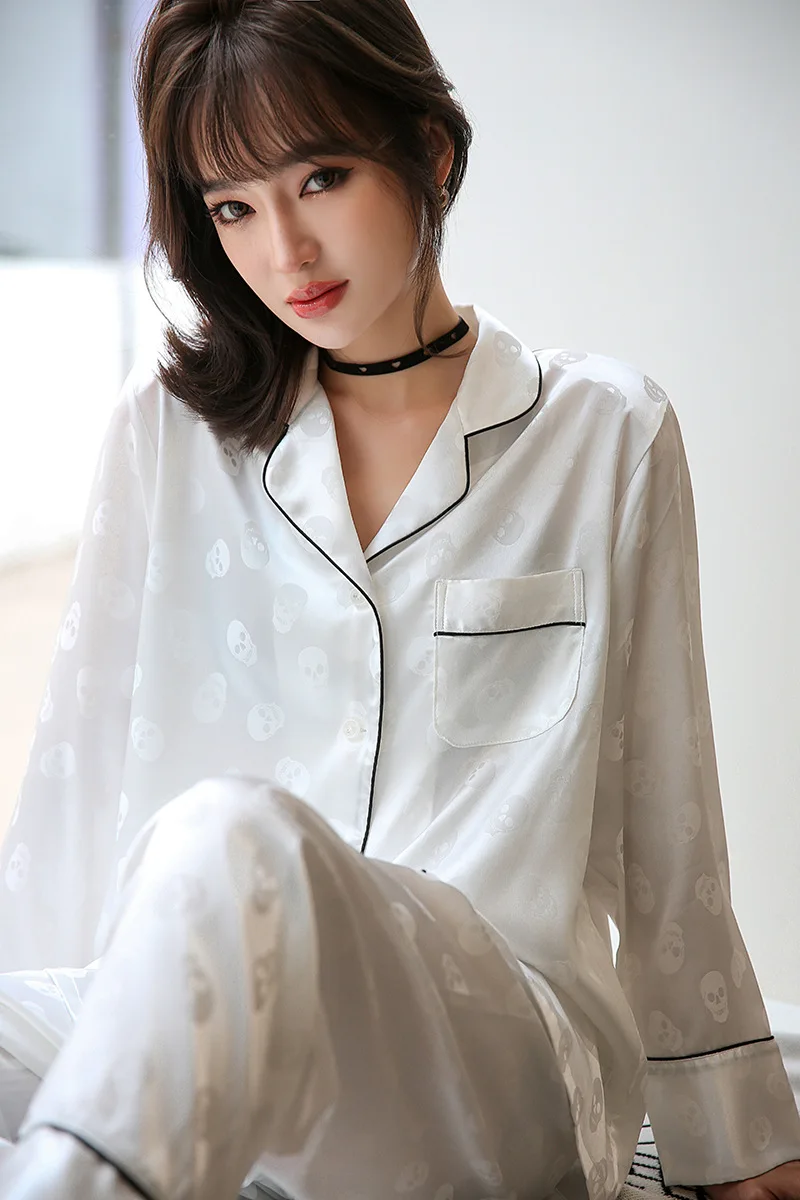 

Casual Sleepwear Nightwear Women Satin 2PCS Shirt&Pants Printed Pajamas Set Comfy Intimate Lingerie Home Clothes Lounge Wear