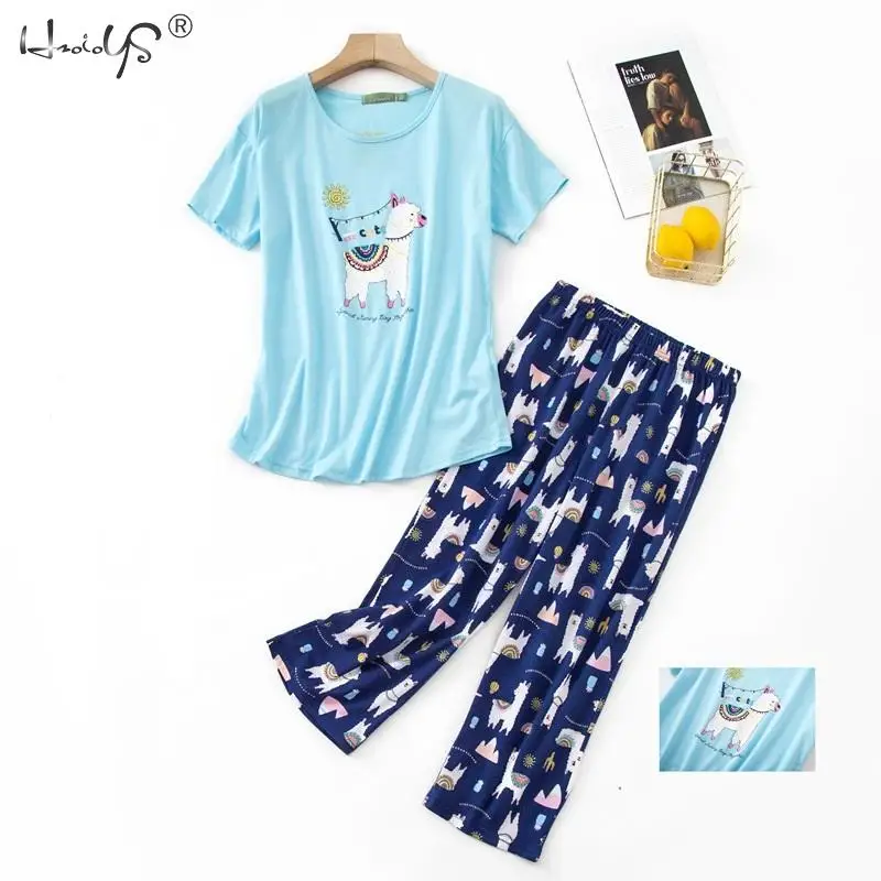 

Summer Women Pajamas Cotton Cute Print Cartoon Pajama Set Top + Capris Elastic Waist Plus Size Lounge pijamas Sleepwear Mujer