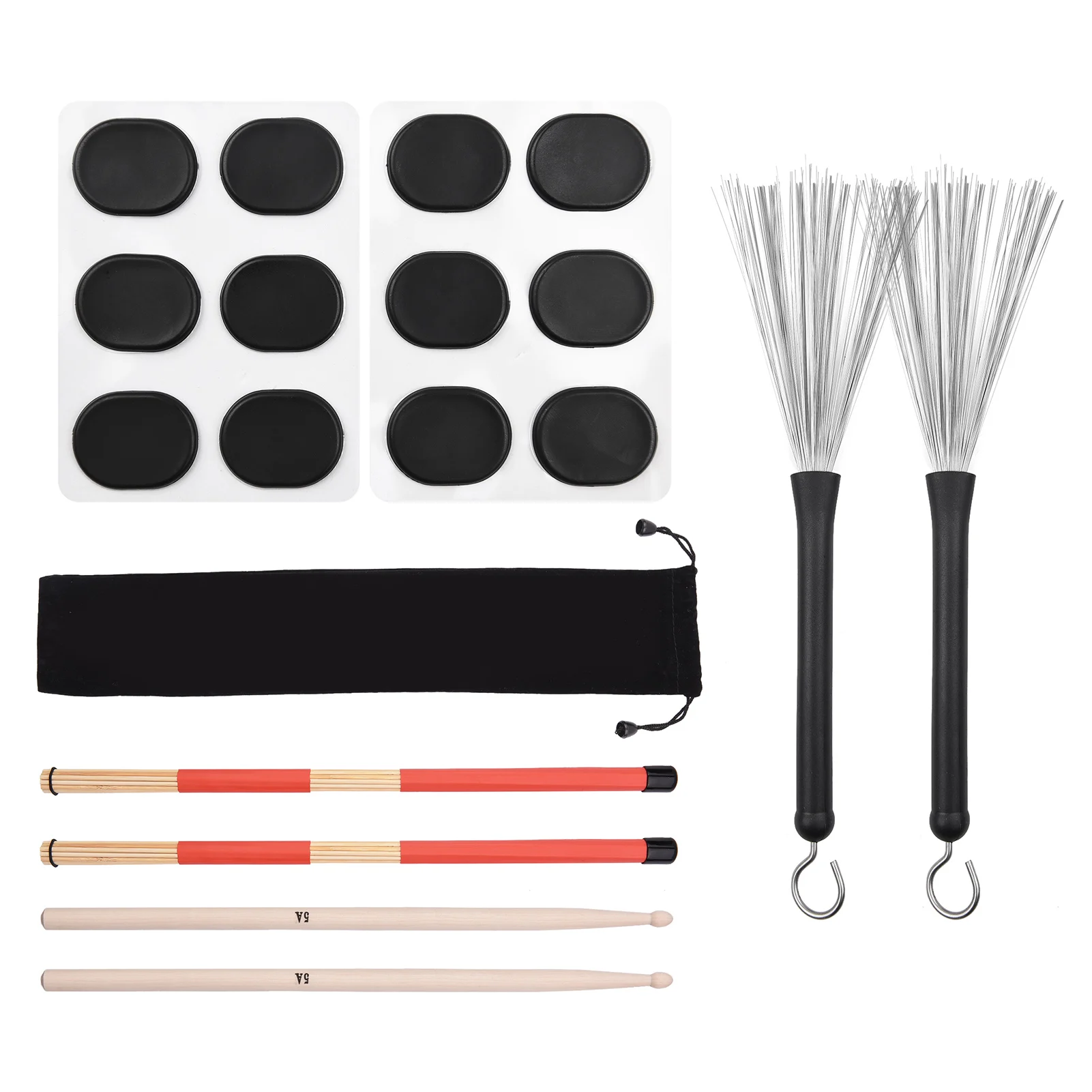 

Drum Sticks Set with 1pc Drum Wire Brushes 1pc Drumsticks Drum Brushes Sticks 12pcs Mute Pads 1pc Drawstring Bag