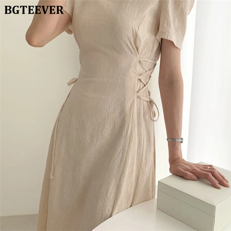 BGTEEVER Retro V-neck Slim Waist Women Dress Elegant Short Sleeve Lace Up Female 2020 Summer Floral Pattern Vestidos femme | Женская