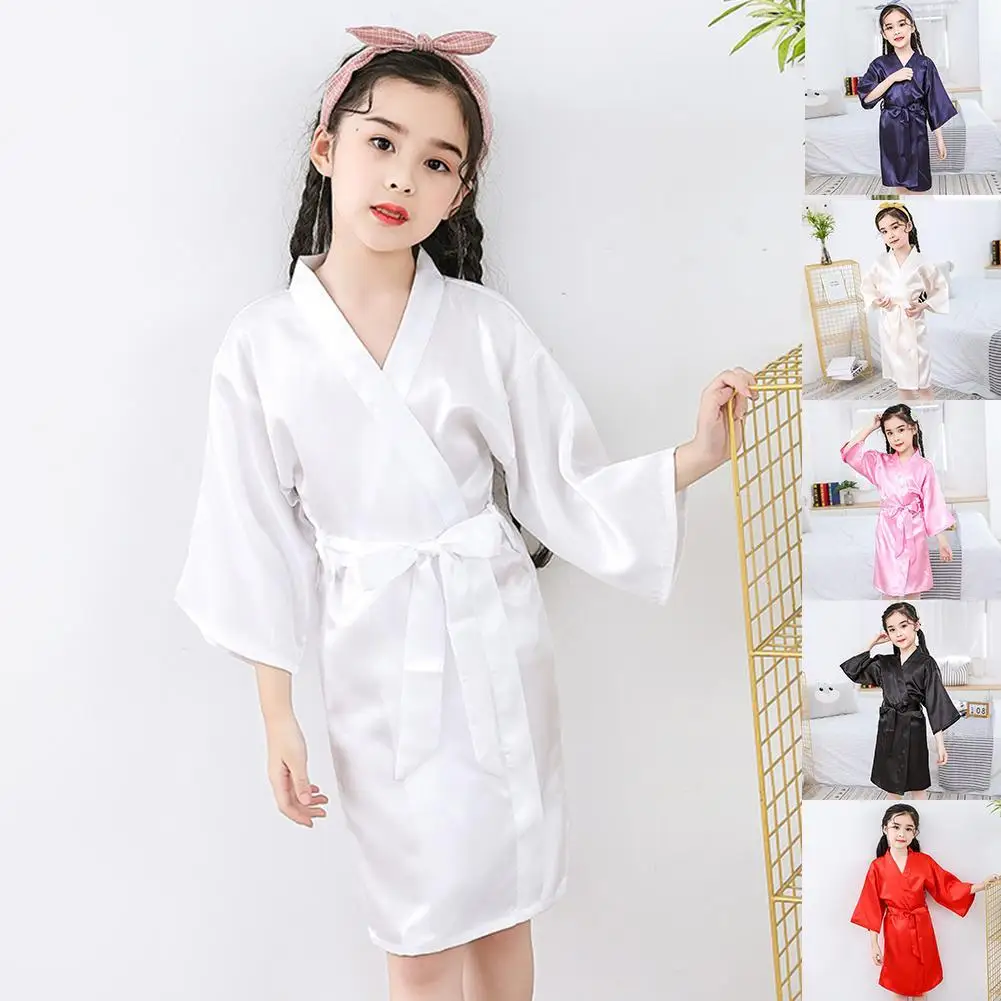 

Summer Girls Silk Girl Silk Satin Top Pant Pajamas long sleeve Solid Button-Down Nightgown Robe Solid Color Bathrobe Sleepwear