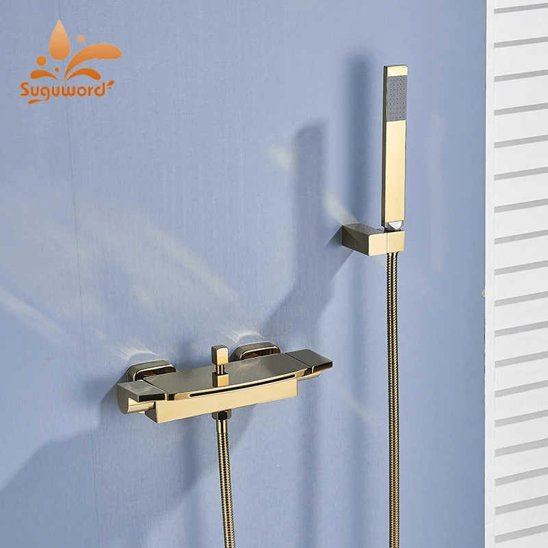 

Suguword Golden Bathroom Bathtub Shower Faucet Waterfall Spout Hot and Cold Water Mixer Tap Wall Mounted Tub