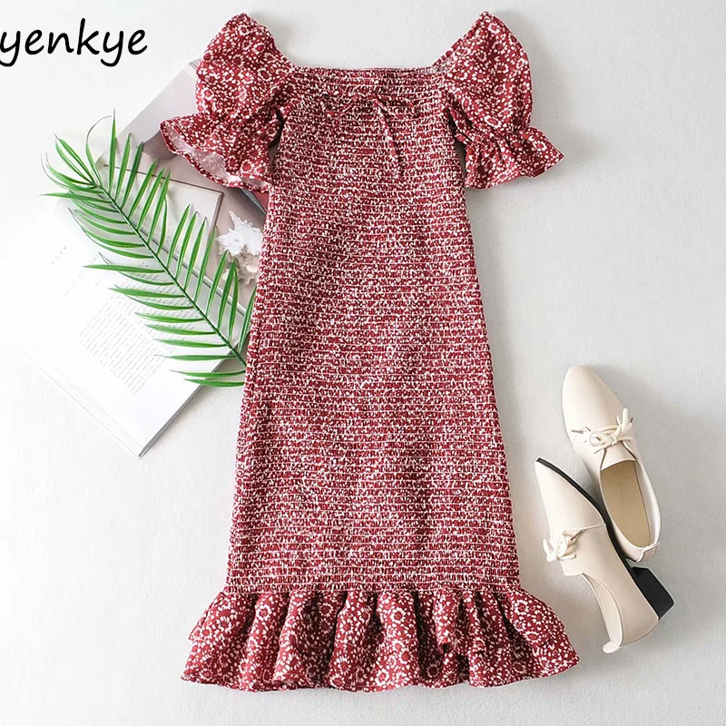 Винтажное эластичное платье с цветочным принтом женское облегающее мини пышными