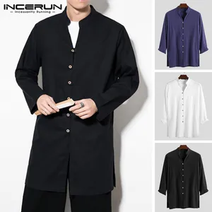 INCERUN мужские рубашки с длинным рукавом в китайском стиле с воротником-стойкой, повседневная однотонная винтажная длинная рубашка Кунг-фу для мужчин 2020 Camisa Masculina S-5XL