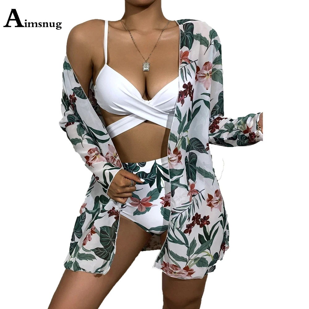 С длинным рукавом Для женщин Высокая талия Купальник Цветочный принт Femme Cover Up 3