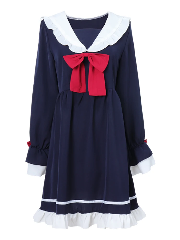 

Girls 2019 Spring New Korean Academy Wind Japanese School Uniforms Long Sleeve Loose Bow Navy Collar Doll Anime Dress Female