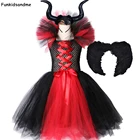 Маскарадный костюм вампира для девочек, нарядное платье-пачка на Хэллоуин, карнавал, вечевечерние детское платье ведьмы злая королева с крыльями рога для девочек 1-12 лет