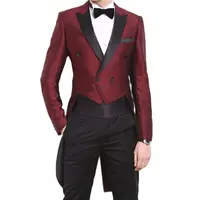 Shiny Satin Burgundy Groom Tailcoat Mens Coat Trousers Set Black Peak Lapel Man Working Suit (Jacket+Pants+Bow Tie) W:500