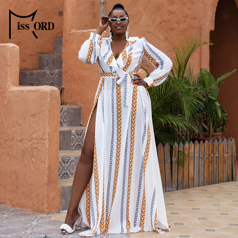 

Missord Summer Women Plus Size Dress Sexy Printing Long Sleeves V Neck Ruffle Belted Thigh Split Maxi Causal Beach Dresses