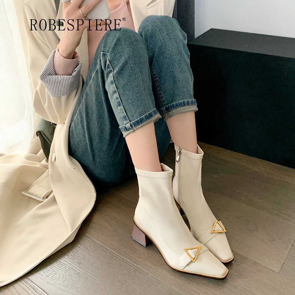 

ROBESPIERE-2022 Autumn And Winter New Elastic Shoes French Thick Heel Women's Boots Square Toe Metal Ankle Boots-B358
