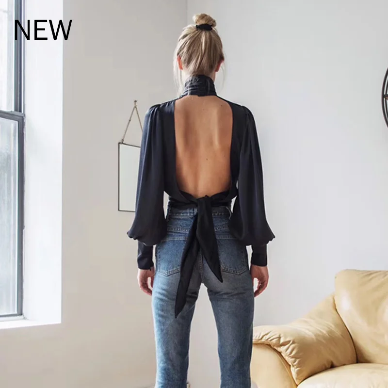 

high quality women sexy backless bow turtleneck blouses 2020 designer ladies elegant lantern sleeve Shirts top party S26