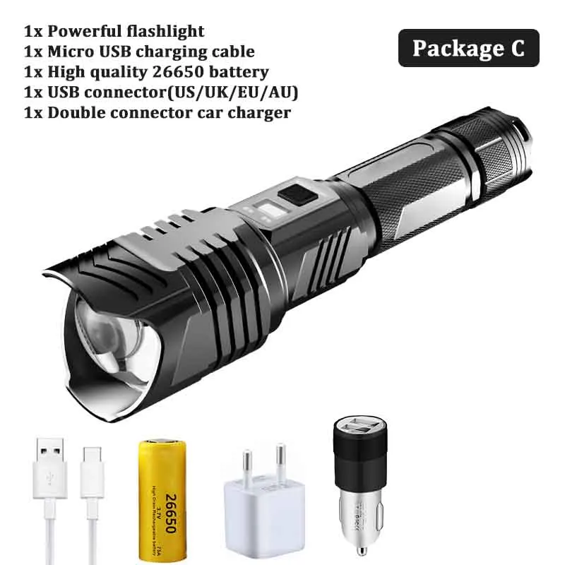 Package C Яркий XHP90 светодиодный фонарь высокой мощности водонепроницаемый тактический фонарь с зумом с USB входом и выходной функцией походная охотничья лампа - Испускаемый цвет: Package C