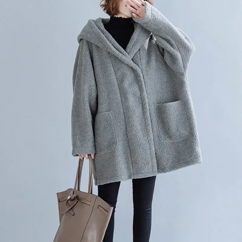 

Extra Large Size Women Jacket Autumn And Winter 2021 New Lamb Wool Coat Loose Thick Hooded Casual Overcoat Mujer Abrigos M1271