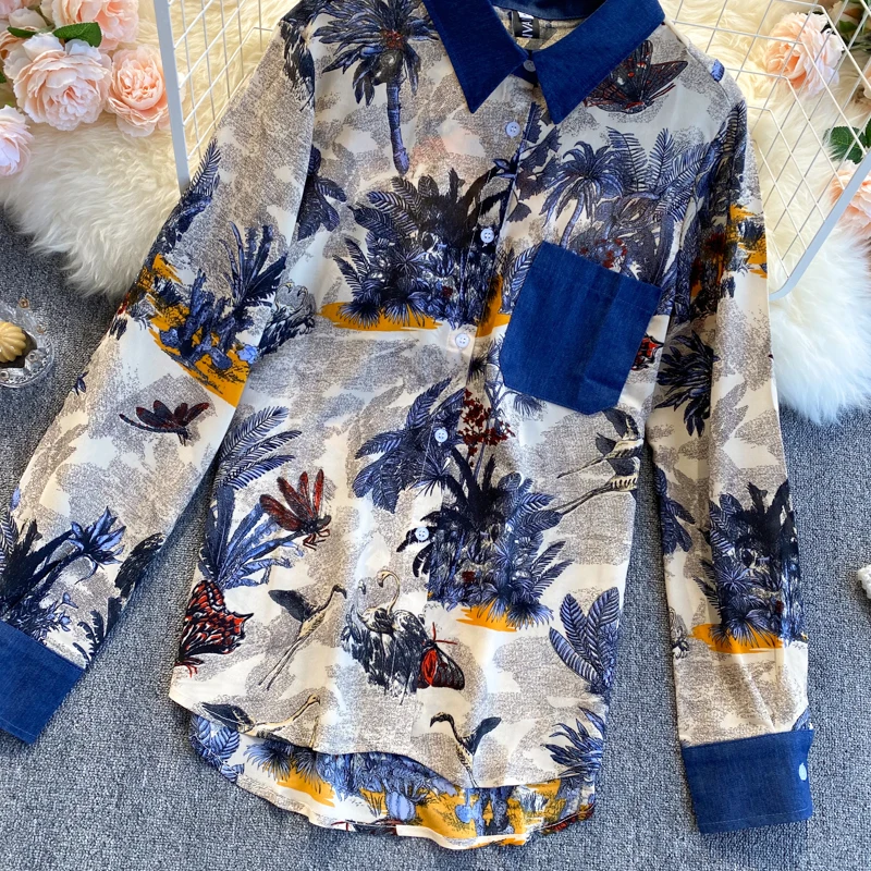 

2021 Spring Fashion New Blouse Female Hit Color Turn-down Collar Print Blusa Pocket Single-breasted Thin Wild Shirt