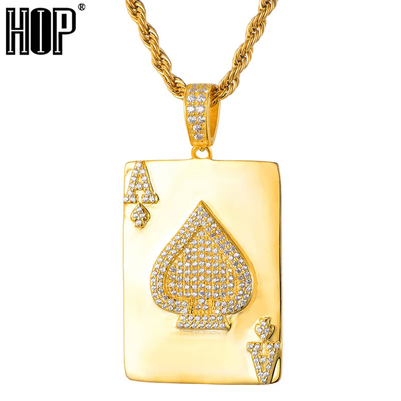

HIP Hop Gold Color Bling Full AAA+ Cubic Zirconia Iced Out Ace of Spades Pendants & Necklaces for Men Jewelry