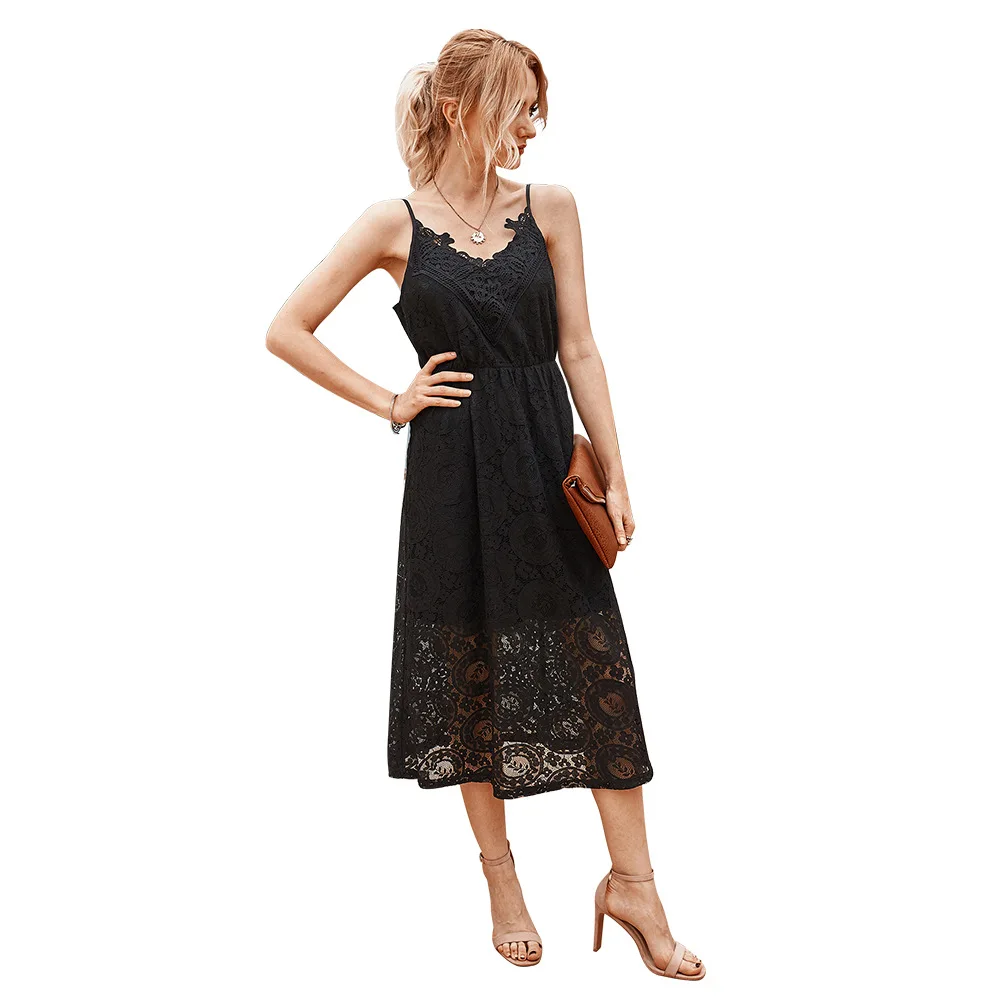 

Fashion Summer slip Dress Women sexy lace White high waist A-Line midi Dresses black elegant Hollow Out casual ladies sundress