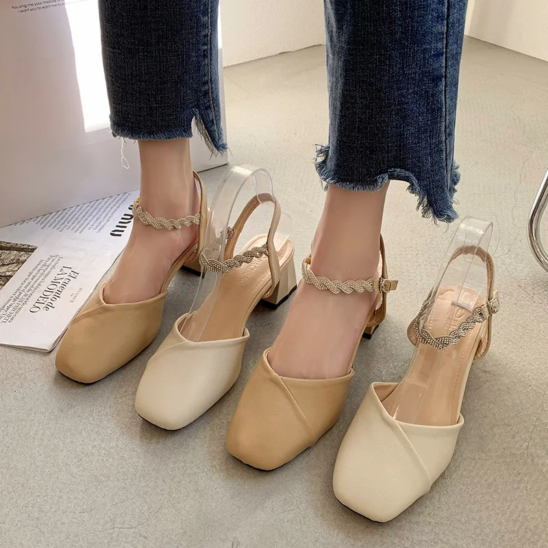 

Fashion Womens Shoes 2021 Beige Heeled Sandals Med Square Toe Espadrilles Platform Buckle Strap Luxury Black Medium Closed Studd