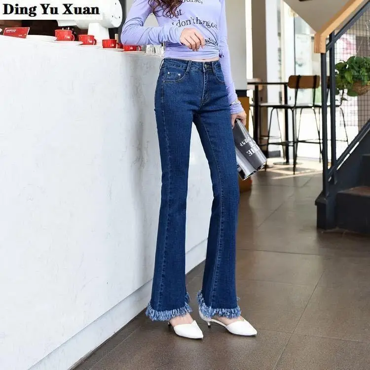 Fashion Womens Mom Black High Waist Flare Jeans Woman Skinny Bell Bottom Denim Pants Women Wide Leg Vintage Jean Mujer