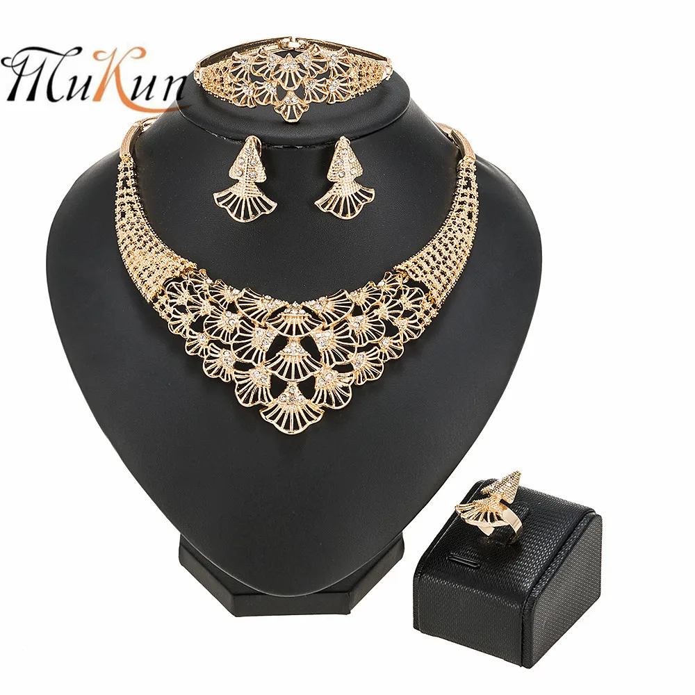 

Африканский комплект ювелирных изделий, большое ожерелье, искусственное золото, ювелирные наборы, серьги, браслет для женщин, Свадебный чок...