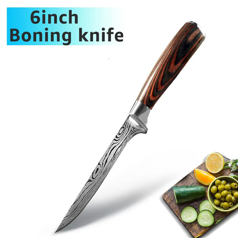 6 INCH BONING Ножи шеф-повара 9 набор кухонных ножей 7CR17 440C из высокоуглеродистой нержавеющей стали дамасский рисунок Gyuto Кливер набор слайсер нож сантоку - Цвет: 6 INCH BONING