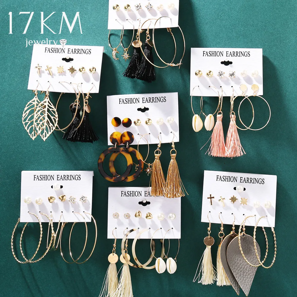 17KM Vintage Moon Pearl Stud Earrings Set For Women BOHO Tassel Geometric Heart Twist Earring New DIY Bohemian Jewelry