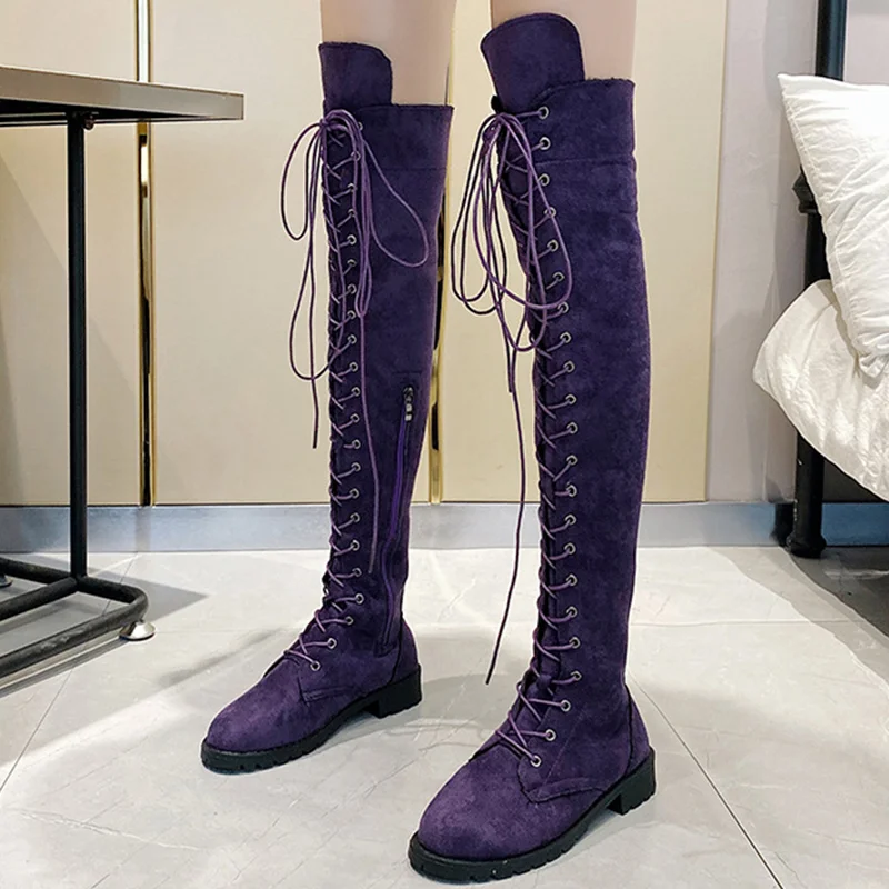 

Autumn Women Over The Knee Boots Fashion Sexy Boots Women Lace Up Women Long Boots Round Toe Ladies Shoe Solid Color Female Flat