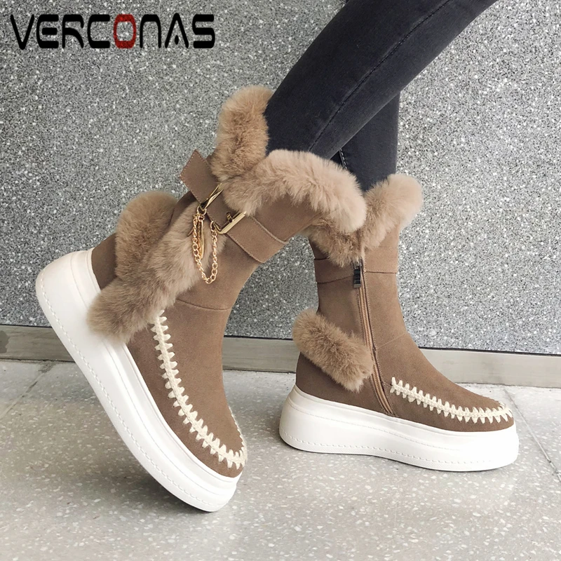 

VERCONAS Cow Suede Platforms Flats Snow Boots Women Mid-Calf Boots Autumn Winter Warm Shoes Woman New Chain Fashion Casual Boots