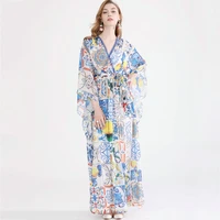 silk dresses women natural 2020 spring summer blue crepe retro floral casual sexy dress elegant plus size high quality fashion
