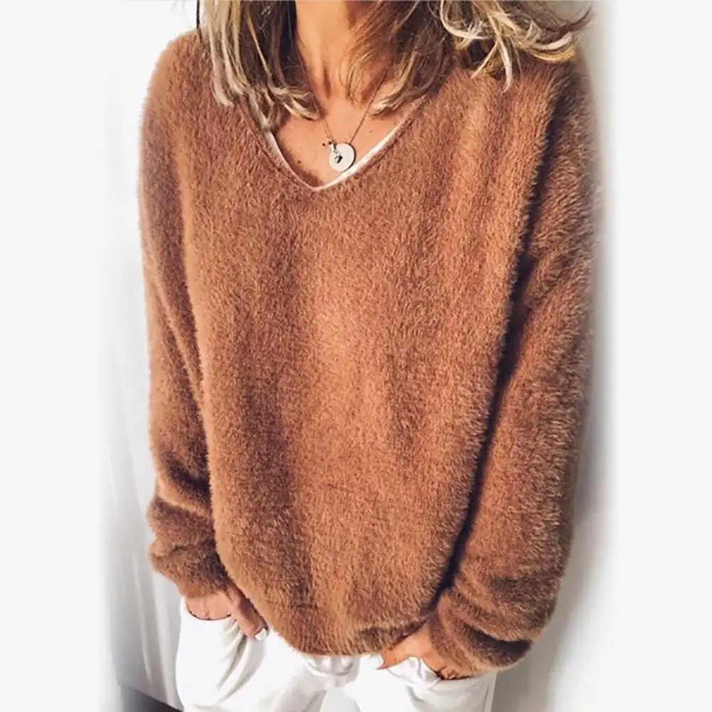 Women Pullover Oversized Autumn Winter Casual Solid Color Plush Fluffy Loose Sweater Pullovers Blouse Top O-neck  Tops