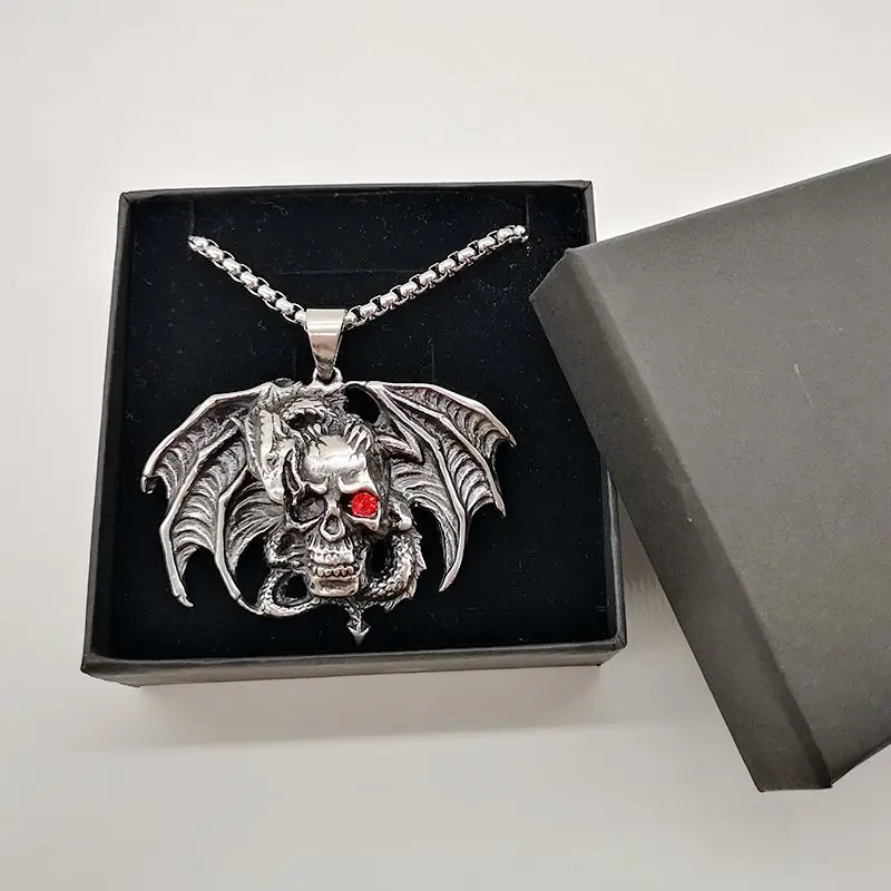 316L Нержавеющая сталь Птерозавр ожерелье с кулоном череп красными глазами и