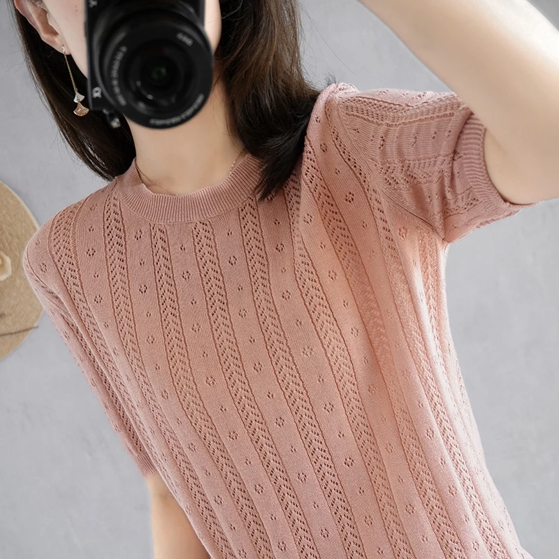 

100% cotton short-sleeved women's T-shirt short section loose hollow knitted cotton sweater summer new O-neck pullover sweater