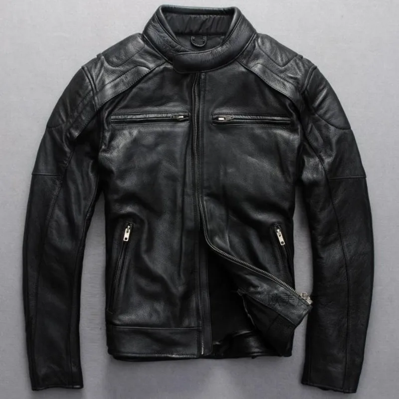 

Classic Mens European Motorcycle Cowhide Genuine Leather Jacket Biker Coats For Male Jaqueta Couro Masculina Motoqueiro Bomber