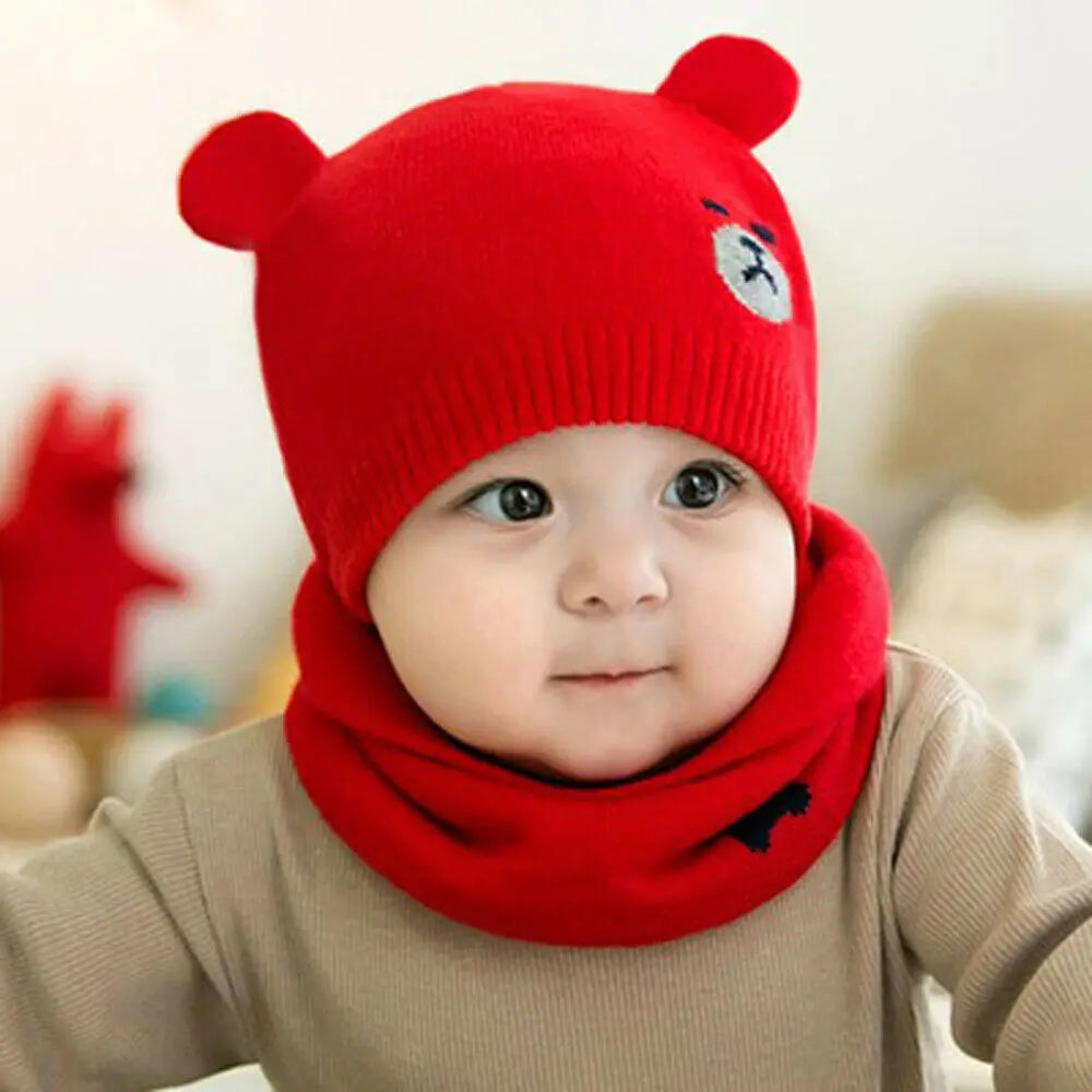 

2 PCS Hat Neckerchief Set Baby Warm Winter Knitted Wool Beanie Hat Cute Cartoon Ski Cap For Boy Girl