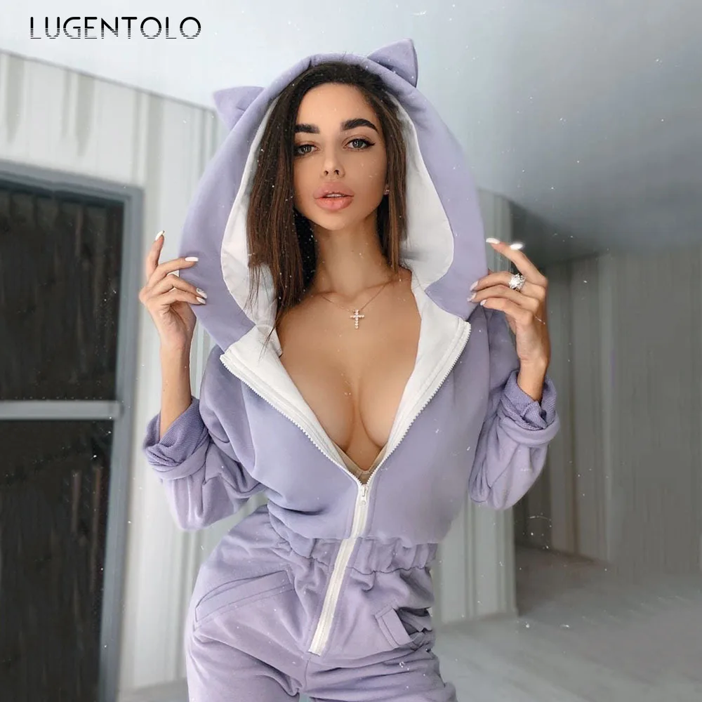 

Lugemtolo Women Jumpsuit Cute Hooded Spring Autumn Fashion Sports Casual Solid Color Jumpsuits Female Zipper Sexy Jumpsuits