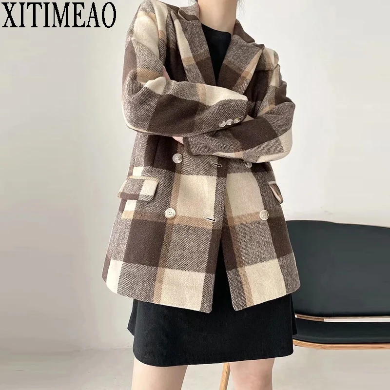 

XITIMEAO New Women Casual Blazer Jacket Office Lady Pockets Slim Suit Coat Double Breasted Thickening Ladies Business Blazers