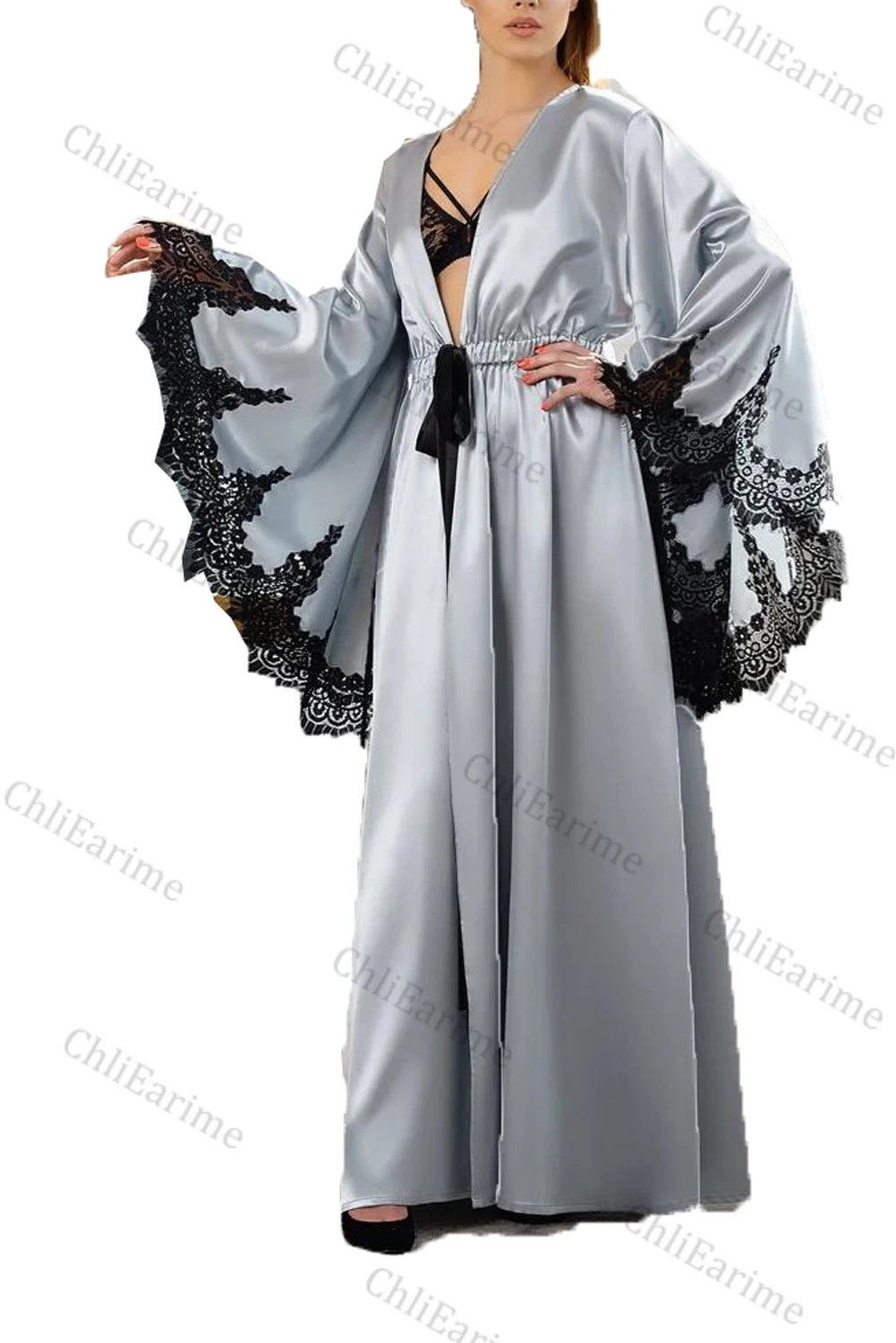 Silver Bridal Bathrobe Nightgown LaceLong Sleeve Bathrobe Pajamas Sleepwear Train Long