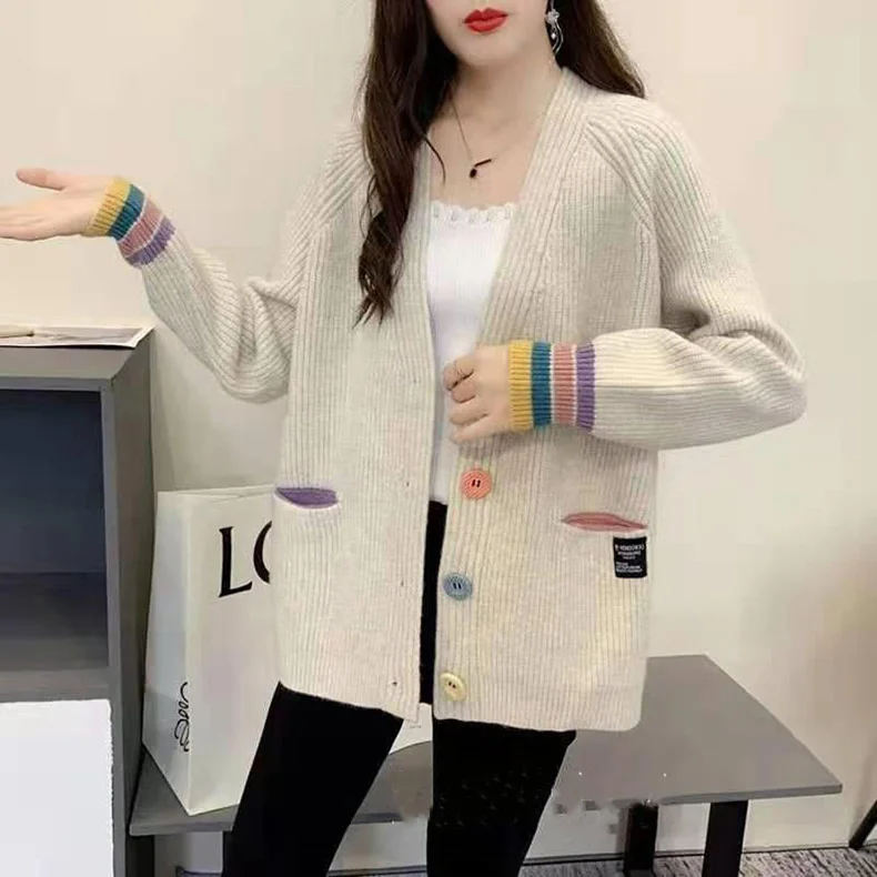 

V Neck Women Button Pure color Sweater coat 2021 Long Sleeve Sweater Spring Autumn Knitted Loose Jumper Casual Cardigan