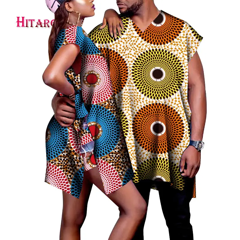 

2021 New Men's Top Shirt with Short Sleeve 1Pcs and Sexy Lady's Skirts Total 2Pcs Set Traditional African Couple Clothing WYQ784