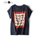 Белая футболка с короткими рукавами из натурального шелка и хлопка Женская тонкая куртка из шелка тутового шелкопряда с круглым вырезом и принтом Джокер Лето 2020 новый стиль