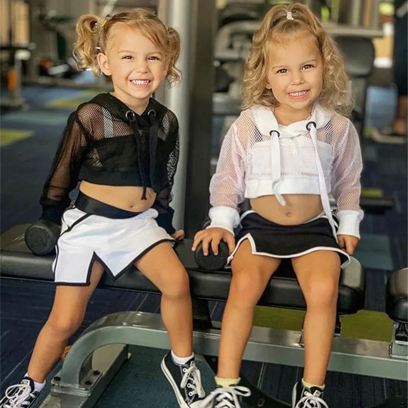 Комплект из 3 предметов для маленьких девочек сетчатый кроп-топ с капюшоном и