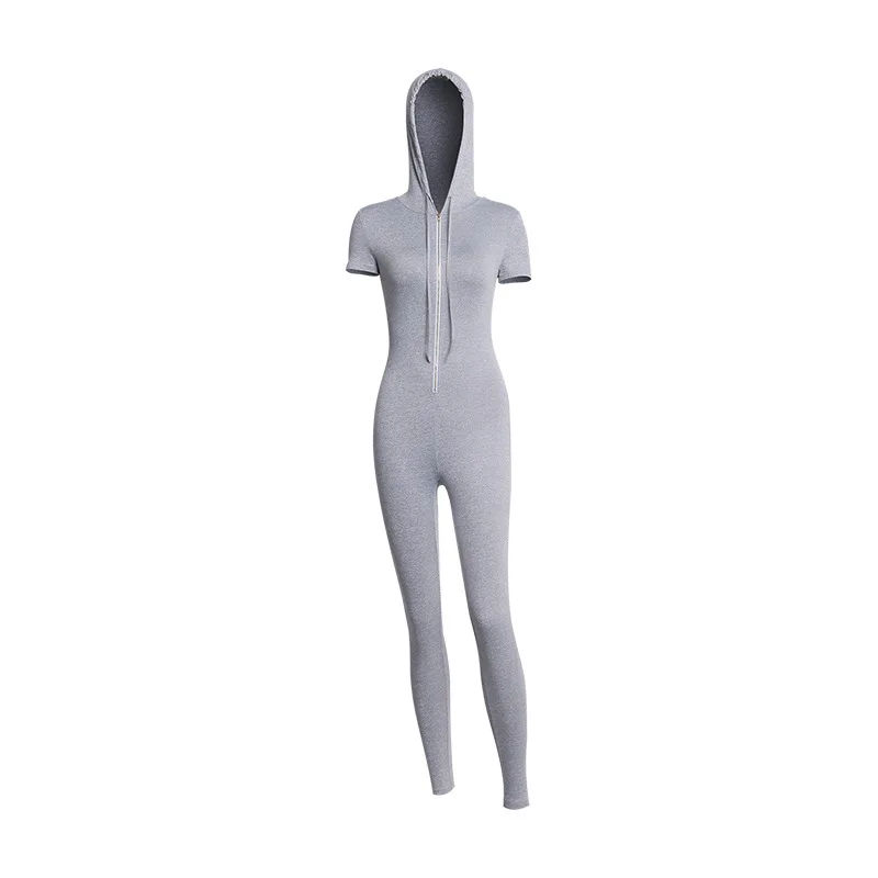 

Women Sleeveless Bodycon Jumpsuit Solid Color Casual Hooded Rompers Short Sleeve Zip Front Suits Ladies Sport Outfits Clothes
